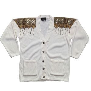 VTG Focus USA Embellished White Knit Cardigan Sweater One Size M/L Beaded Lace